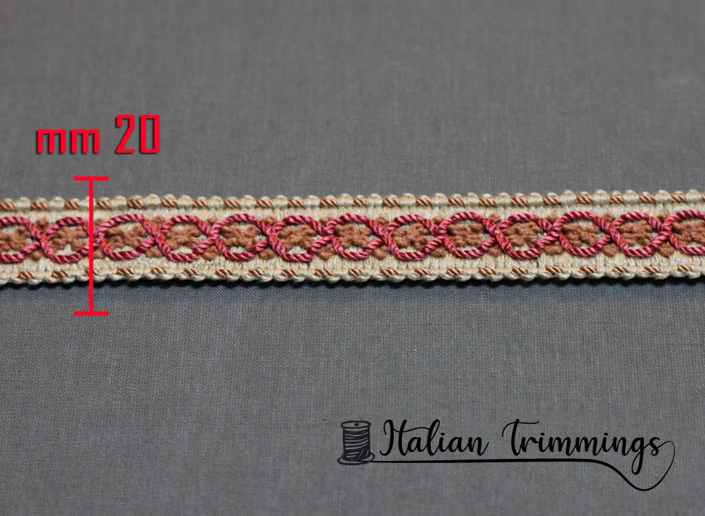 Braid trim gimp decorative cm 2 col. ancient pink/ivory/fucsia