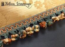 Load image into Gallery viewer, Onion tassel fringe. col. green/beige/brown. Hand knotted. Price per linear meter
